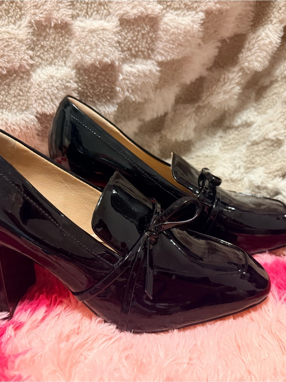 Antonio Melani Black Patent Leather Loafer Pump Heels sz 8.5 Office Siren Preppy